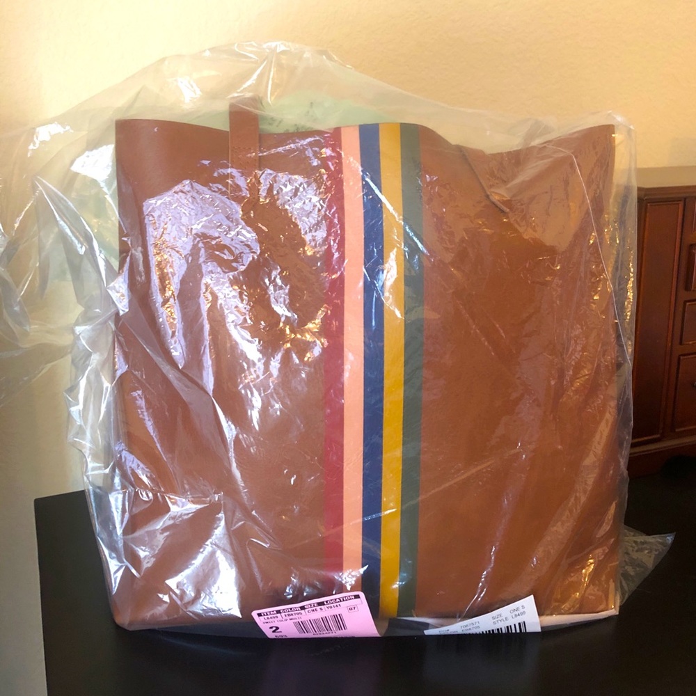 Madewell Large Leather Transport Tote: Rainbbow Stripe Edition NWT